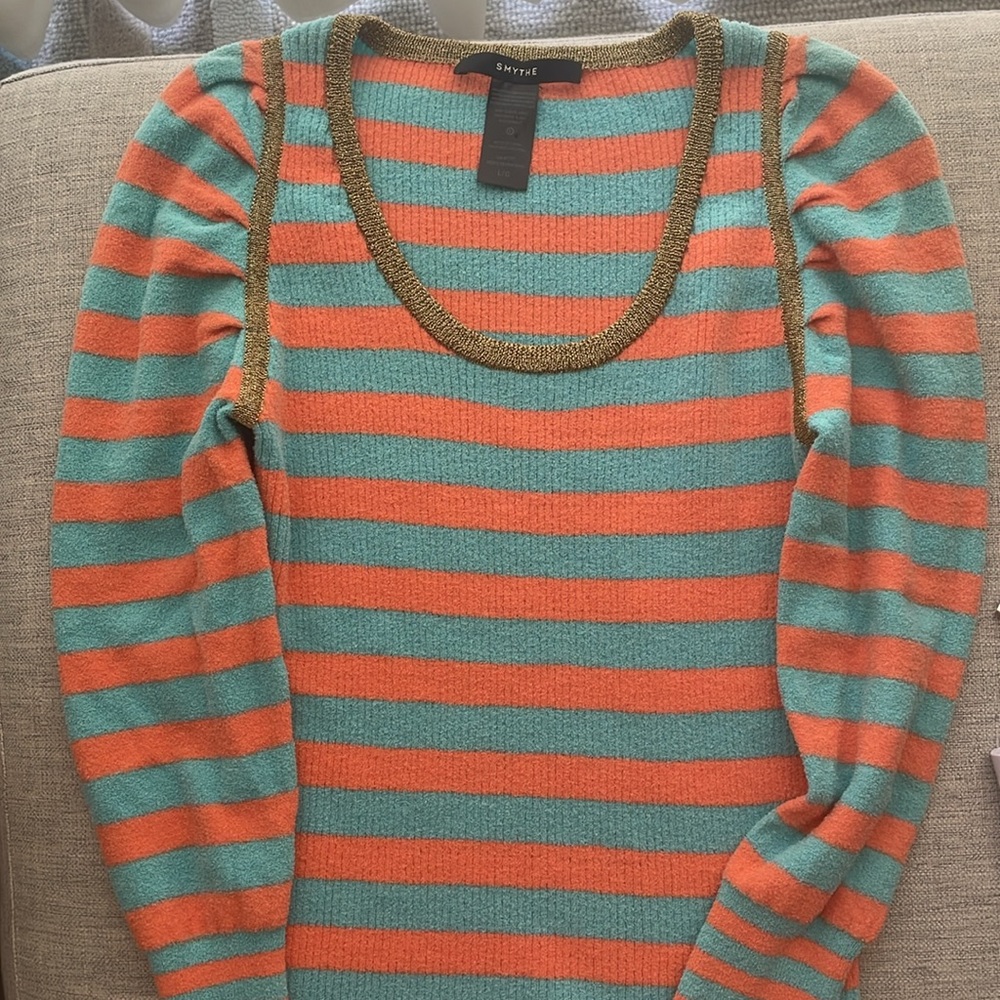 Smythe Stripe Rib Puff Sleeve Cotton Blend Sweater - Sz Large